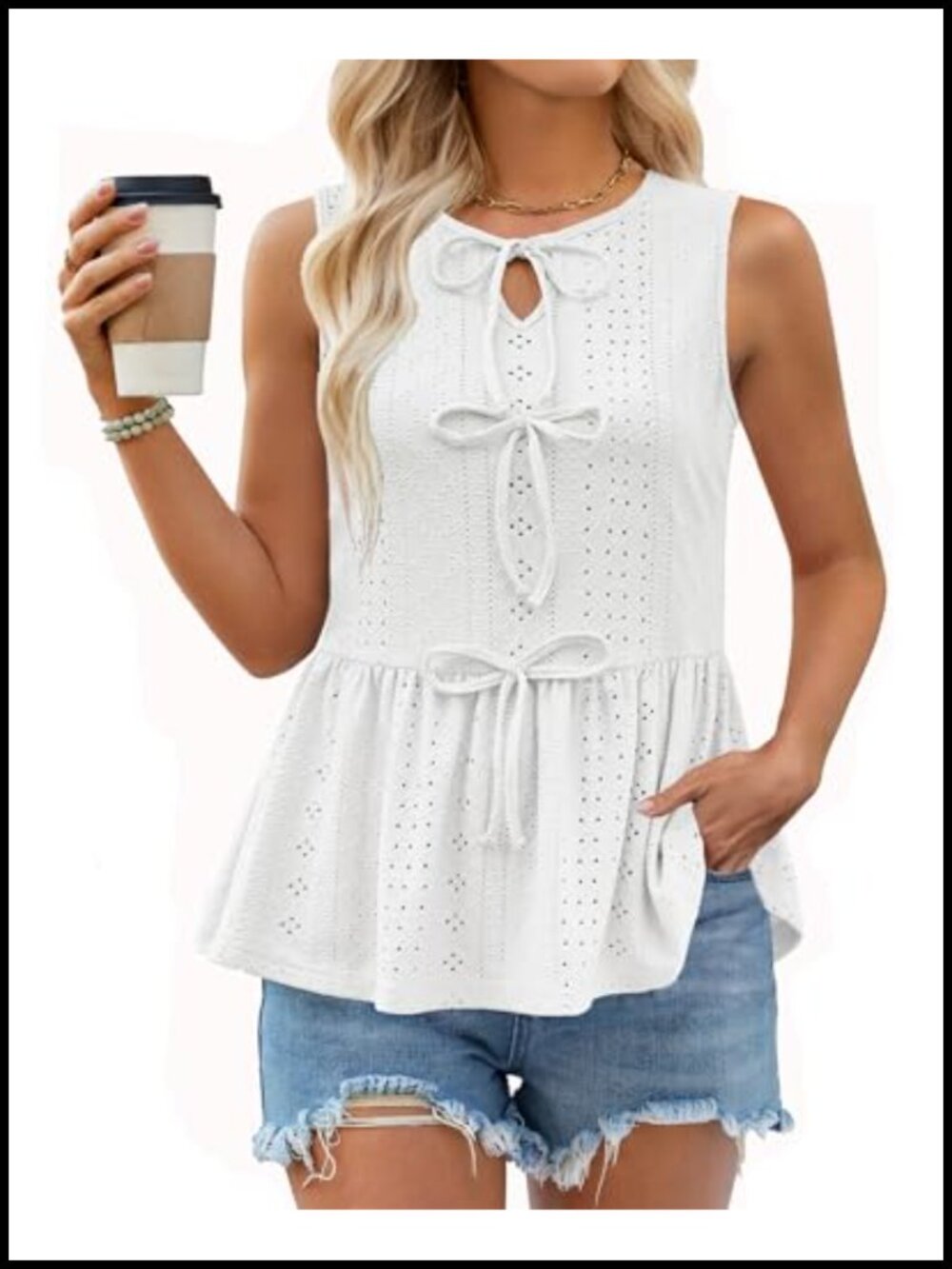 Women's Eyelet Peplum Sleeveless Tank Top Bow Front Flowy Babydoll Blouse